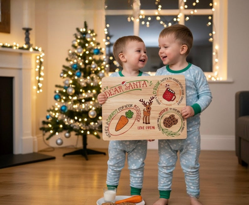 Personalised Christmas Eve Treat Board: Santa & Reindeer, Birch Wood
