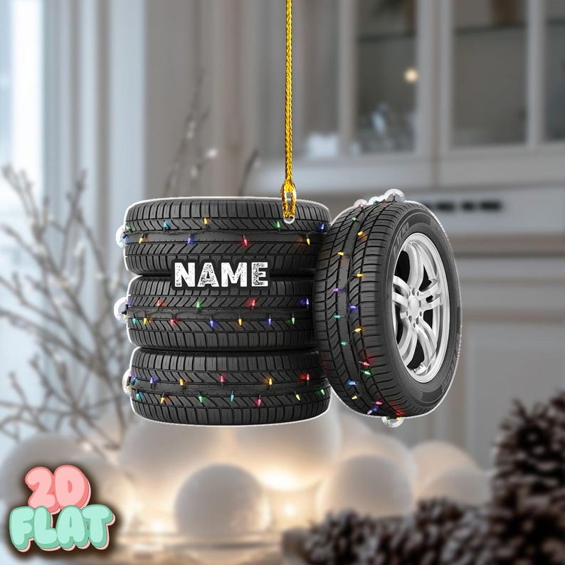 Personalized Tire 2D FLAT Ornament with Christmas Lights, Custom Car Wheel Holiday Decoration, Unique Auto Lover Xmas Gift with Name