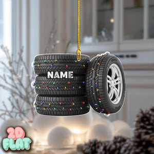 Personalized Tire 2D FLAT Ornament with Christmas Lights, Custom Car Wheel Holiday Decoration, Unique Auto Lover Xmas Gift with Name