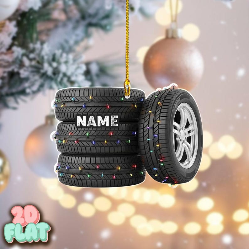 Personalized Tire 2D FLAT Ornament with Christmas Lights, Custom Car Wheel Holiday Decoration, Unique Auto Lover Xmas Gift with Name
