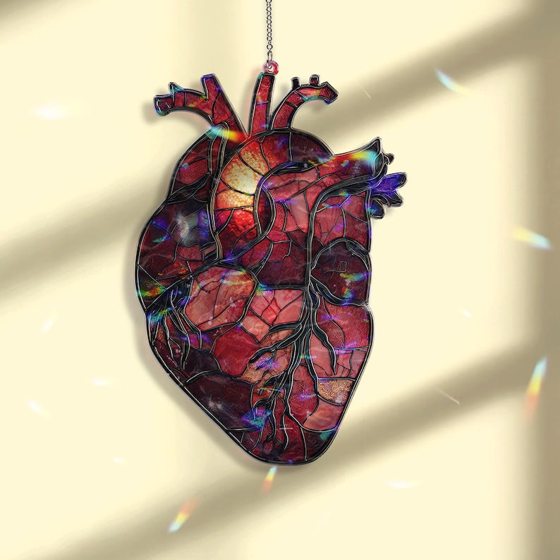 Anatomical Heart Acrylic Suncatcher, Red Acrylic Style Organ with Candle Flame, Gothic Medical Anatomy Window Hanging Decor