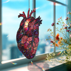 Anatomical Heart Acrylic Suncatcher, Red Acrylic Style Organ with Candle Flame, Gothic Medical Anatomy Window Hanging Decor