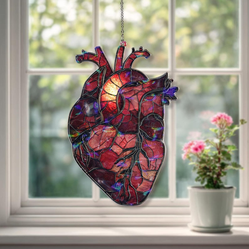 Anatomical Heart Acrylic Suncatcher, Red Acrylic Style Organ with Candle Flame, Gothic Medical Anatomy Window Hanging Decor