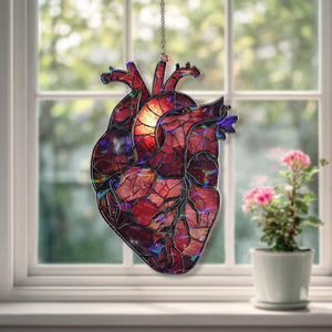 Anatomical Heart Acrylic Suncatcher, Red Acrylic Style Organ with Candle Flame, Gothic Medical Anatomy Window Hanging Decor