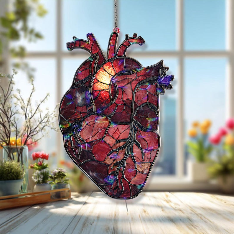 Anatomical Heart Acrylic Suncatcher, Red Acrylic Style Organ with Candle Flame, Gothic Medical Anatomy Window Hanging Decor