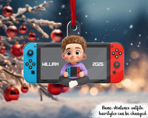 Personalized Gamer 3D Effect Ornament for Boys Girls, Christmas Gift for Kids, Switch Gamer Christmas Ornament 2025, Kid Holding Console