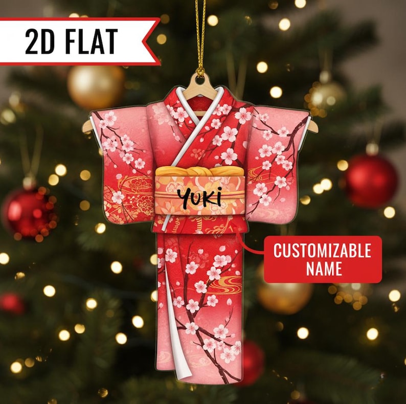 Custom Name Japanese Kimono Ornament 2D Flat Acrylic Christmas Tree Hanging Decor, Unique Holiday Gift Keepsake 2025