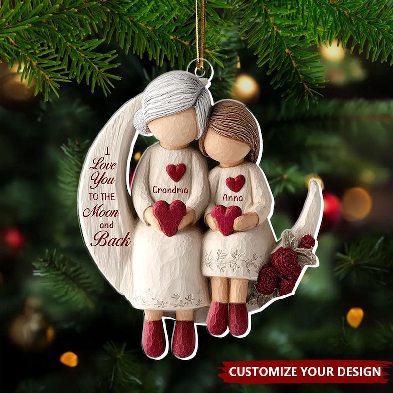Grandma And Grandchild Moon Love Ornament, Christmas Keepsake For Grandma, Personalized 2D Flat Acrylic Ornament
