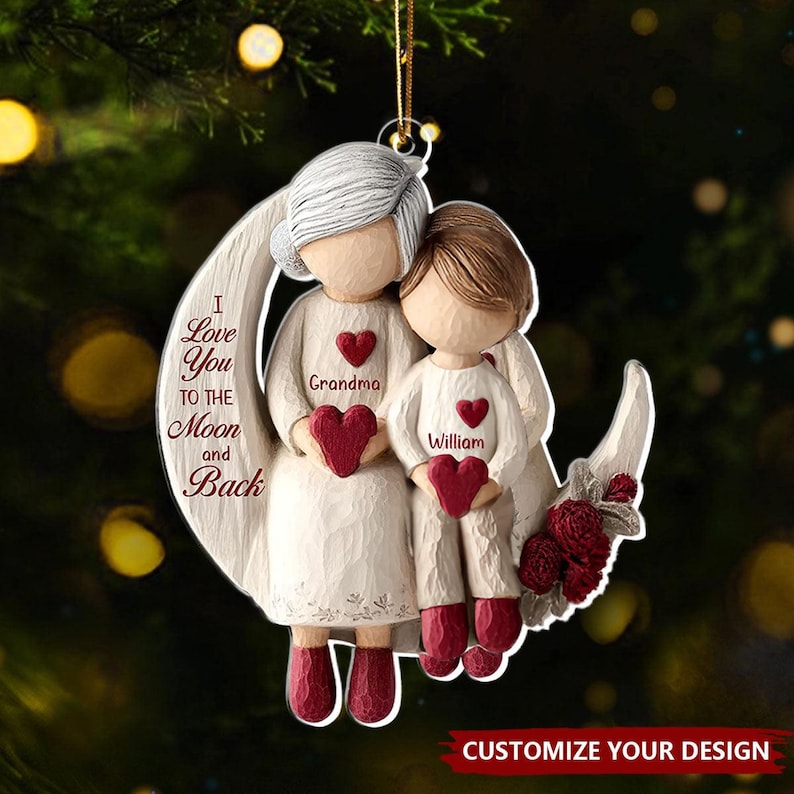 Grandma And Grandchild Moon Love Ornament, Christmas Keepsake For Grandma, Personalized 2D Flat Acrylic Ornament