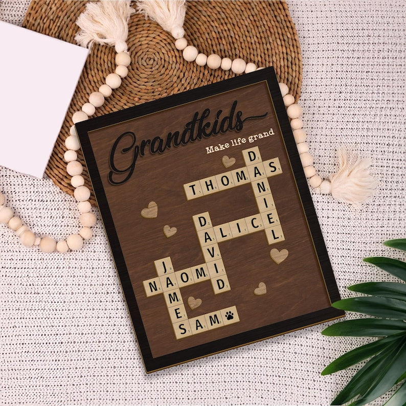 Custom Scrabble Puzzle Sign, Grandkids Crossword Scrabble Wooden Sign, Family Name Sign, Grandparents Christmas Gift, Grandchildren Sign