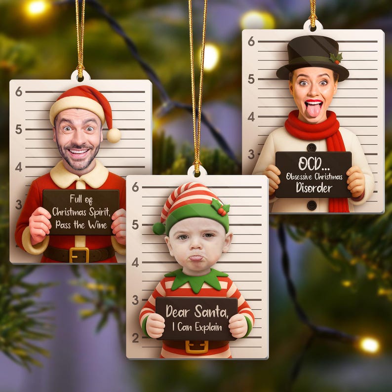 Funny Christmas Mugshot Ornament: Personalized Photo Gag Gift