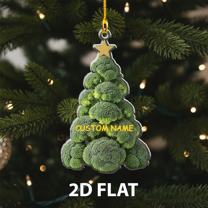 Personalized Broccoli 2D FLAT Christmas Ornament, Funny Veggie Tree Holiday Decor, Custom Name Food Lover Gift, Unique Xmas Kitchen Ornament