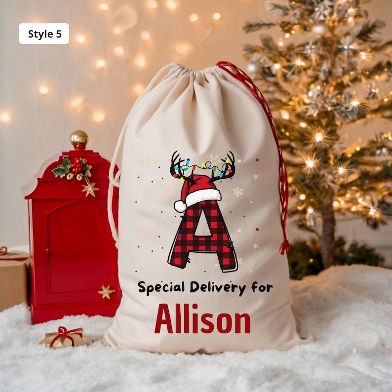 Personalized Large Santa Sack, Christmas Family Santa Bag, Stocking Sack with Name, Christmas Gift Bag , Holiday Gift Bag, Santa for Kids