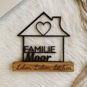 Family sign personalized with name & heart | Family gift, wedding, housewarming gift | House decoration made of wood and 3D printing