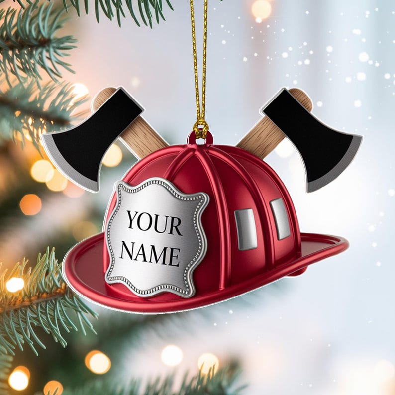 Custom Firefighter Helmet Christmas Ornament, Tree Hanging Decor, Flat 2D Acrylic, Personalized Hero Gift for Him Holiday Keepsake 2025