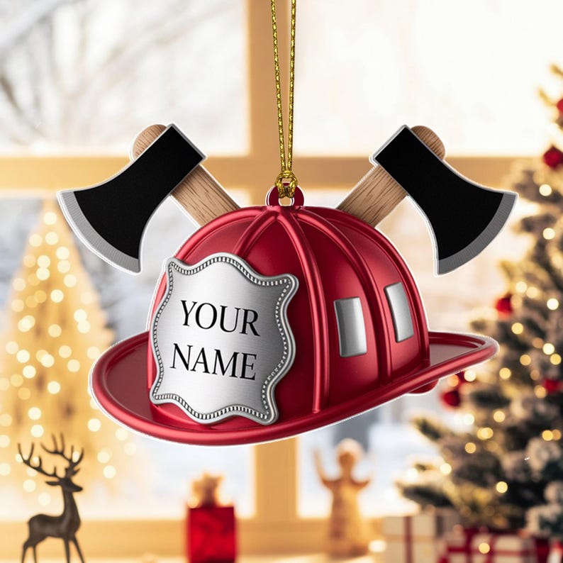 Custom Firefighter Helmet Christmas Ornament, Tree Hanging Decor, Flat 2D Acrylic, Personalized Hero Gift for Him Holiday Keepsake 2025