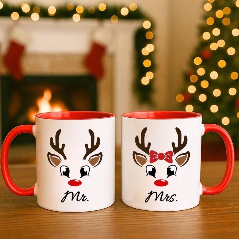 Matching Couple Christmas Mugs Personalized 11 oz Mr and Mrs Wedding Gift Custom Holiday Cocoa Cups Gift for Him and Her Festive Mug Set