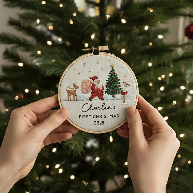 Baby’s First Christmas 2025 Ornament, Hand Embroidered Hoop Art, Personalized Keepsake, Baby Boy Girl Gift, Home Decor