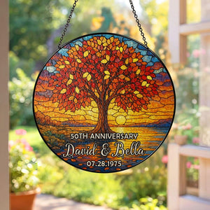 Personalized Tree of Life Anniversary Suncatcher With Name & Date, Custom 50th Wedding Anniversary Stained Glass Gift For Parents
