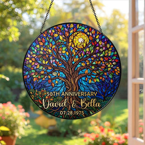 Personalized Tree of Life Anniversary Suncatcher With Name & Date, Custom 50th Wedding Anniversary Stained Glass Gift For Parents