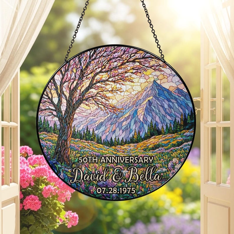 Personalized Tree of Life Anniversary Suncatcher With Name & Date, Custom 50th Wedding Anniversary Stained Glass Gift For Parents