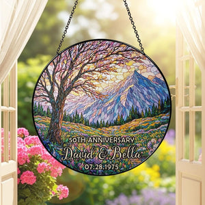Personalized Tree of Life Anniversary Suncatcher With Name & Date, Custom 50th Wedding Anniversary Stained Glass Gift For Parents