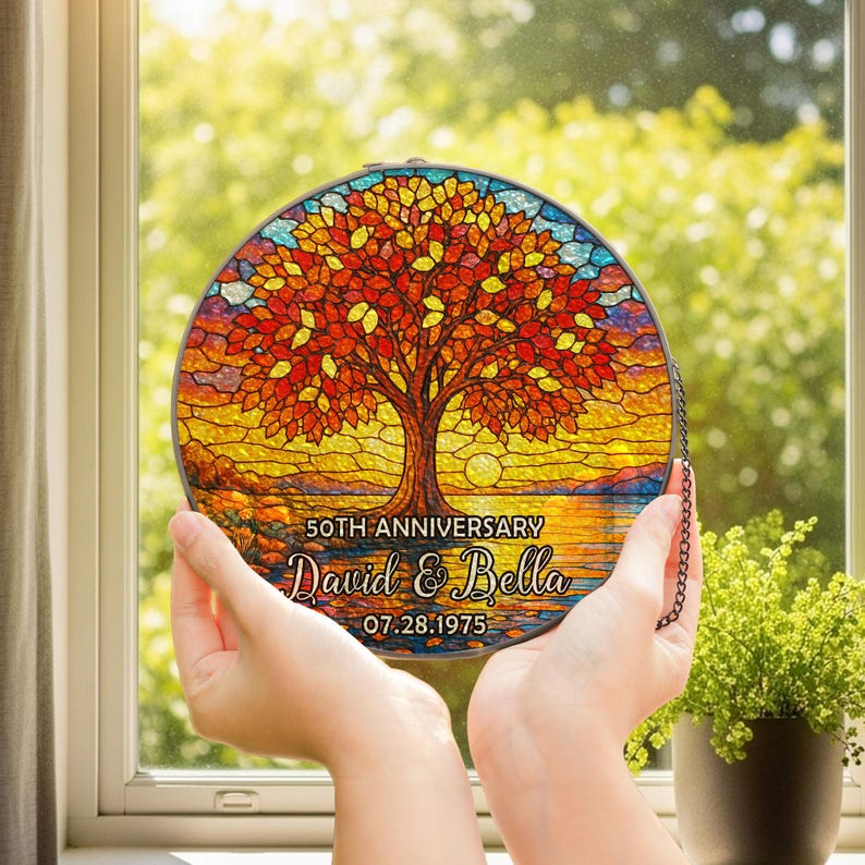Personalized Tree of Life Anniversary Suncatcher With Name & Date, Custom 50th Wedding Anniversary Stained Glass Gift For Parents