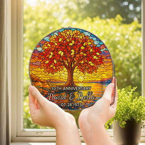 Personalized Tree of Life Anniversary Suncatcher With Name & Date, Custom 50th Wedding Anniversary Stained Glass Gift For Parents