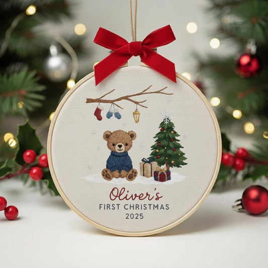 Personalized Baby’s First Christmas Embroidered Ornament, Custom Newborn Keepsake, Baby Girl Ornament, Handmade New Baby Gift