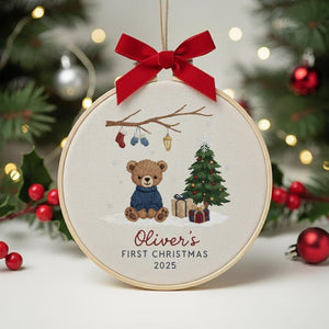 Personalized Baby’s First Christmas Embroidered Ornament, Custom Newborn Keepsake, Baby Girl Ornament, Handmade New Baby Gift