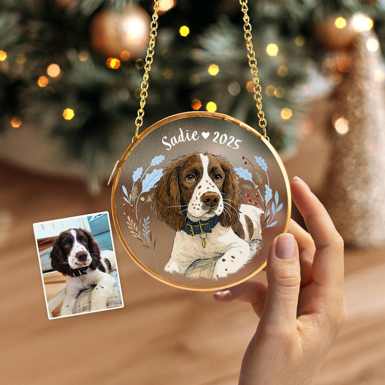 Custom Pet Portrait Glass Ornament, Dog Christmas Ornament, Pet Lover Gift, Pet Memorial Gift, Dog Lover Gift, Pet Christmas Decor
