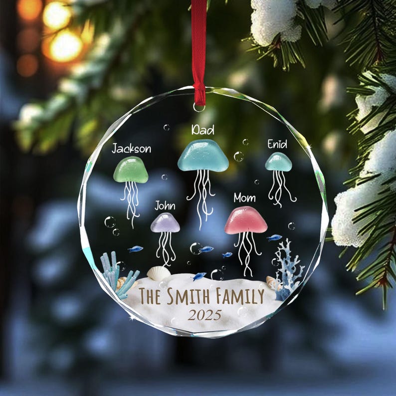 Personalized Sea Glass Jellyfish Ornament, Family Name Christmas Ornament, Coastal Family Christmas Tree Ornament, Christmas Family Gifts