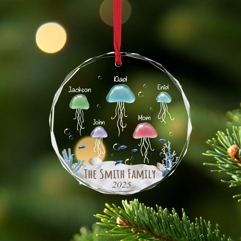 Personalized Sea Glass Jellyfish Ornament, Family Name Christmas Ornament, Coastal Family Christmas Tree Ornament, Christmas Family Gifts