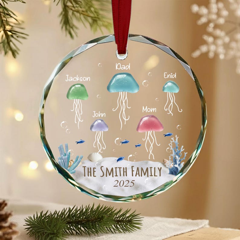 Personalized Sea Glass Jellyfish Ornament, Family Name Christmas Ornament, Coastal Family Christmas Tree Ornament, Christmas Family Gifts
