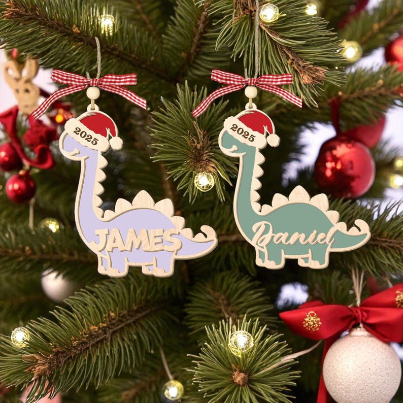 Personalized Kid Dinosaur Christmas Ornament 2025, Custom Kids Name Ornament, Wooden Brontosaurus Tree Decoration