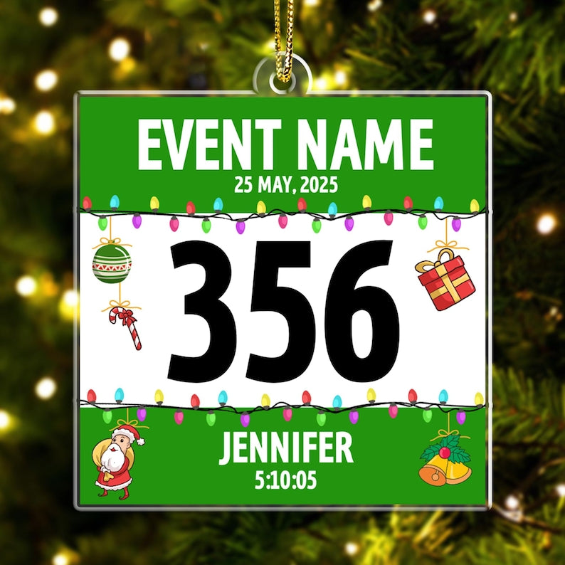 Custom Race Bib Acrylic Christmas Ornament: Cross Country Marathon Runner Gifts