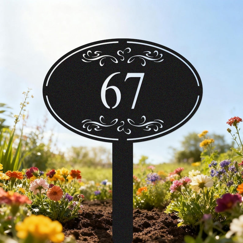 Personalized Metal House Number Sign with Stakes: Custom Address Sign for Yard, Oval Address Numbers Plaque