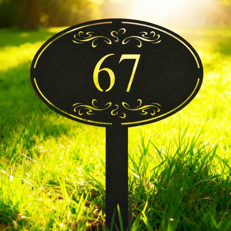 Personalized Metal House Number Sign with Stakes: Custom Address Sign for Yard, Oval Address Numbers Plaque