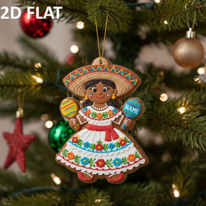 Personalized Mexican Gingerbread 2D FLAT Ornament, Custom Gingerbread Ornament, Fiesta Dress Christmas Tree Decoration,Mexican Holiday Decor