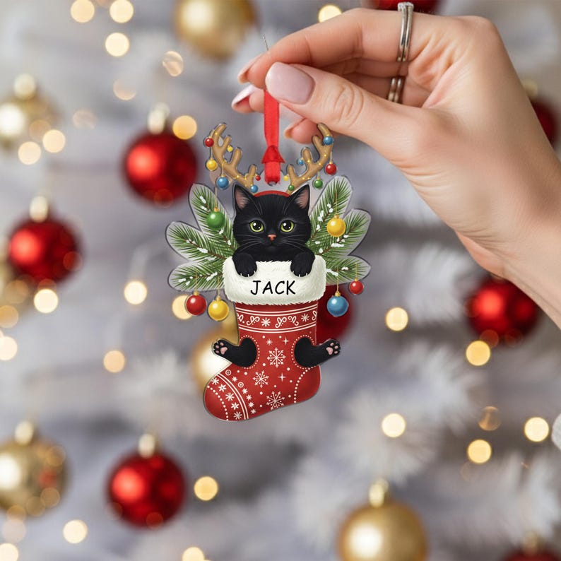 Personalized Black Cat Christmas Ornament: Custom Pet Stocking Decoration