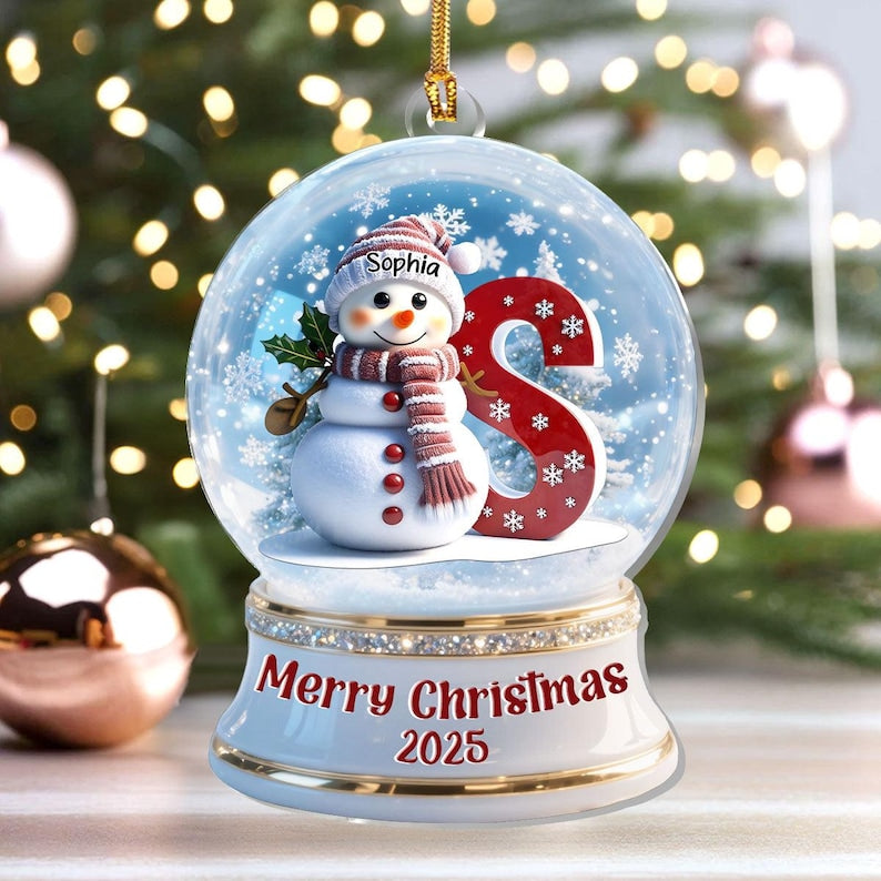 Personalized Snowglobe Snowman Merry Christmas Ornament, Custom Snowglobe 1-Layer Acrylic Ornament, Alphabet Letter Ornament