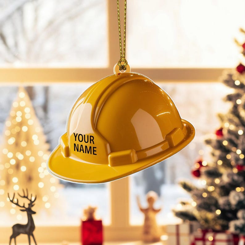Custom Construction Hard Hat Christmas Ornament, Flat 2D Acrylic Tree Hanging Decor, Personalized Gift for Builders, Engineers & Contractors