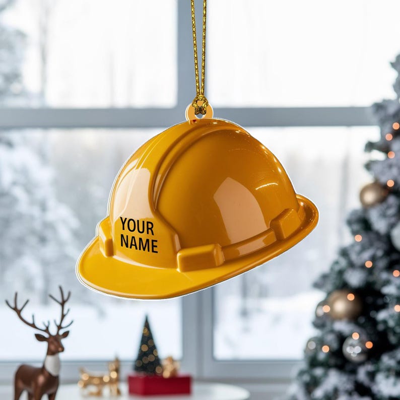 Custom Construction Hard Hat Christmas Ornament, Flat 2D Acrylic Tree Hanging Decor, Personalized Gift for Builders, Engineers & Contractors