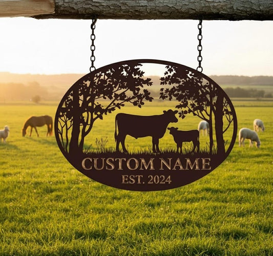 Metal Cow Calf Farm Sign, Custom Farmer Sign, Farmhouse Name Sign, Farm Gate Sign, Farmer Gift, Farm Animals Cow Wall Art, Ranch Decor