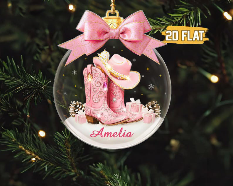 Custom Name Cow Girl Ornament, Coquette Bow Hat Gift For Girls, Cowgirl Boots 2D Flat Acrylic Ornament, Western Girl Christmas Gift