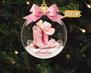 Custom Name Cow Girl Ornament, Coquette Bow Hat Gift For Girls, Cowgirl Boots 2D Flat Acrylic Ornament, Western Girl Christmas Gift