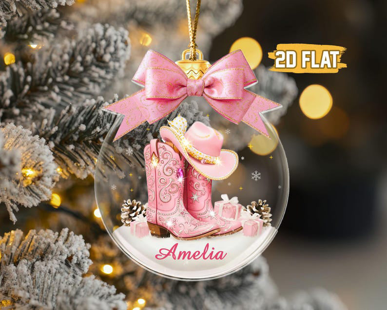 Custom Name Cow Girl Ornament, Coquette Bow Hat Gift For Girls, Cowgirl Boots 2D Flat Acrylic Ornament, Western Girl Christmas Gift