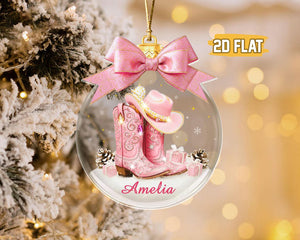 Custom Name Cow Girl Ornament, Coquette Bow Hat Gift For Girls, Cowgirl Boots 2D Flat Acrylic Ornament, Western Girl Christmas Gift