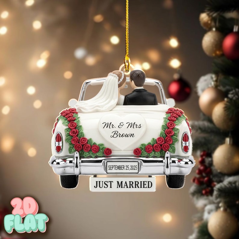 Personalized Wedding 2D FLAT Ornament, Just Married Car Christmas Ornament, Custom Bride and Groom Keepsake, Newlywed Gift Decoration