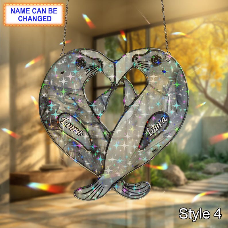 Seal Heart Hologram Acrylic Window Hanging Acrylic Inspired Holographic Animal Heart Suncatcher Retro Ocean Decor Gift